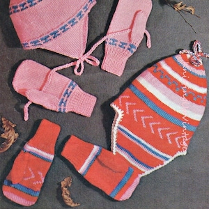 May include: A set of pink and red knitted hats and mittens. The hats have a striped pattern and the mittens have a chevron pattern.