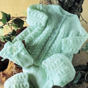 Baby Knitting Pattern 4 ply Pram Set Matinee Coat Leggings Bonnet Hat Mittens pdf