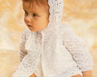 Baby Crochet Pattern pdf Matinee Coat with hood 3 ply  18"-20"