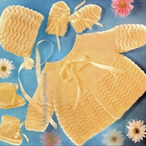 Baby Knitting Pattern pdf Matinee Coat, Mittens, Bootees and Bonnet