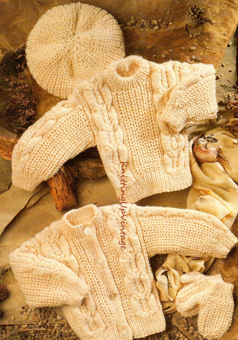 Aran Knitting Pattern Pdf Baby & Childs Cable Cardigan, Sweater, Hat, Mittens 1630 Etsy UK