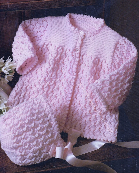 Baby Knitting Pattern pdf DK  Pretty Matinee Coat and Bonnet 16  18  20"