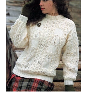 Knitting Pattern PDF Ladies Aran Cable and Leaf Jumper  30-40&quot;
