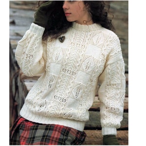 Knitting Pattern PDF Ladies Aran Cable and Leaf Jumper  30-40"