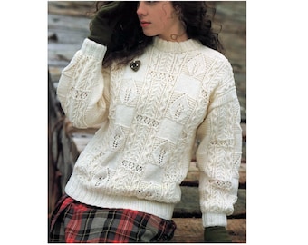 Knitting Pattern PDF Ladies Aran Cable and Leaf Jumper  30-40"