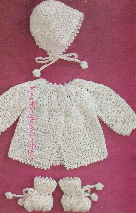 Baby Crochet Pattern Puff Stitch Matinee Coat Bonnet Bootees 4 Ply Pdf Etsy UK