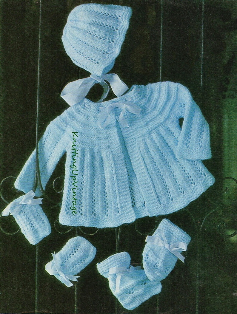 Baby Knitting Pattern Matinee Coat, Bonnet, Mittens & Bootees pdf image 1