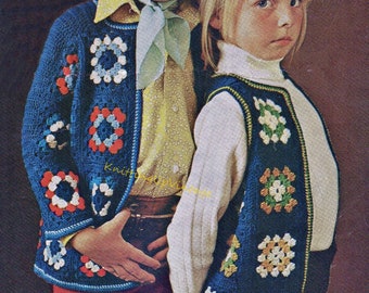 Crochet Pattern pdf Girls and boys granny square jacket and waistcoat vest DK 22" to 28"