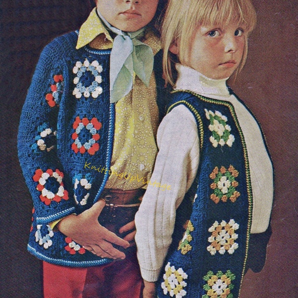 Crochet Pattern pdf Girls and boys granny square jacket and waistcoat vest DK 22" to 28"