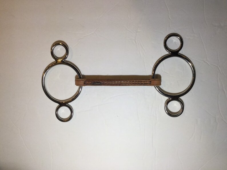 Puede incluir: Un bocado de caballo de plata con una correa de cuero marr&oacute;n. El bocado tiene dos anillos a cada lado, con un anillo m&aacute;s peque&ntilde;o dentro de un anillo m&aacute;s grande.