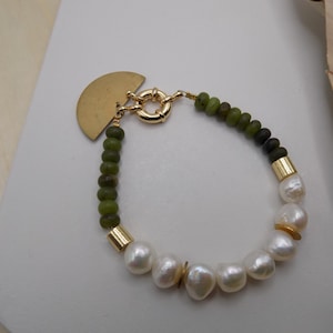 PERSEPHONE III | Mother of Pearl + Olive Jade Bracelet | ETHEREAL series