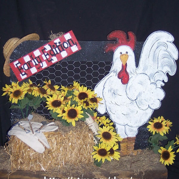 E Pattern, 24" Rooster, Wood Pattern Packet, Rooster, Chicken, Sunflower, Straw Hat, Country, Farm, Photo Prop FB-124