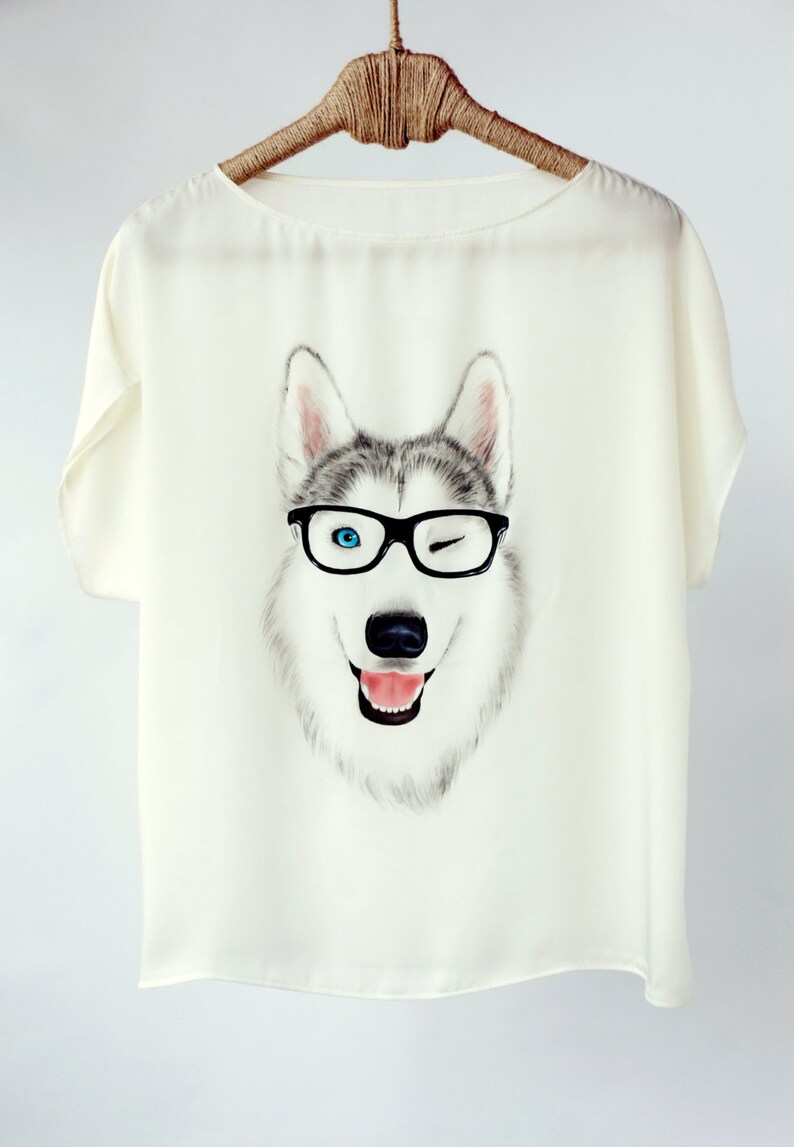 Hand Painted Art Clothing Handpainted Animal Dog Shirt Tshirt Painted Silk Designer Shirts Loose Blouse Clothing Top Tee T Shirt Husky