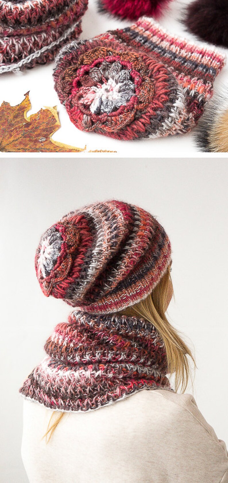 knit slouchy beanie knitted hats for women and knitted scarf circle scarf knit chunky cowl handmade from Italian alpaca and sheep wool