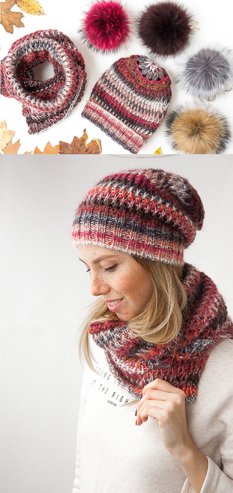 knit slouchy beanie knitted hats for women and knitted scarf circle scarf knit chunky cowl handmade from Italian alpaca and sheep wool