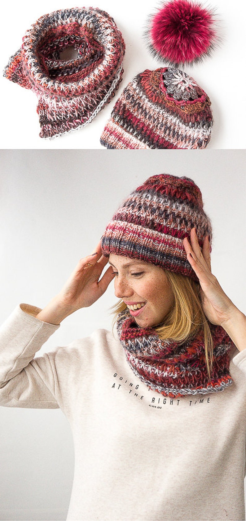 knit slouchy beanie knitted hats for women and knitted scarf circle scarf knit chunky cowl handmade from Italian alpaca and sheep wool