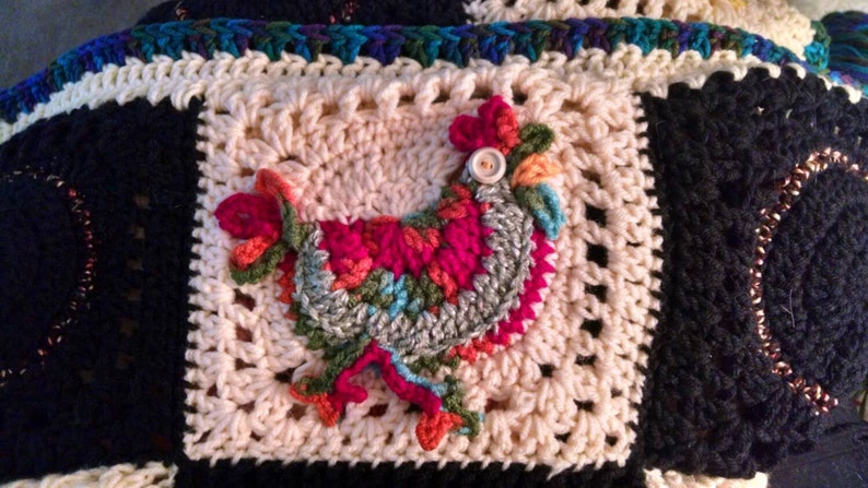 One-of-A-Kind 3D Colorful Rooster Afghan