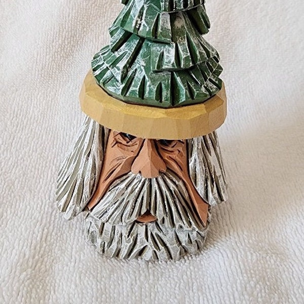 Santa with Christmas Tree Hat woodcarving from the Whimsical Santa Series hand carved and hand painted by MADellinger Wood Carving # 905