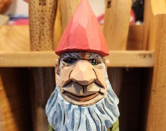 Hand Carved Elf Wood Figurine: Red Hat, Green Jacket, 7" Tall Collector's Item