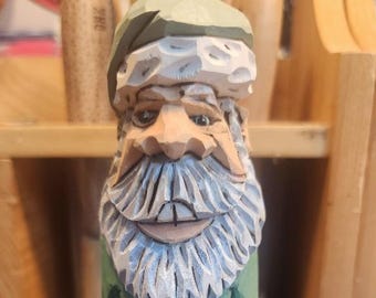 Santa in Green Hat and Coat woodcarving carved and painted by MADellinger Woodcarving # 2020