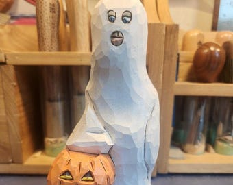 Halloween Ghost with Pumpkin hand carved and hand painted by MADellinger Wood Carving # 1996