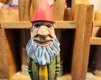 Elf red hat and green jacket woodcarving carved and painted by MADellinger Woodcarving # 1207
