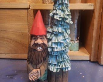 Gnome with Christmas Tree wood carved and painted by MADellinger Woodcarving # 2052