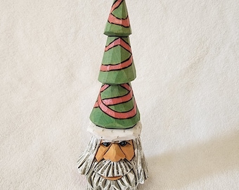 Santa with Christmas Tree Hat woodcarving from the Whimsical Santa Series hand carved and hand painted by MADellinger Wood Carving # 909