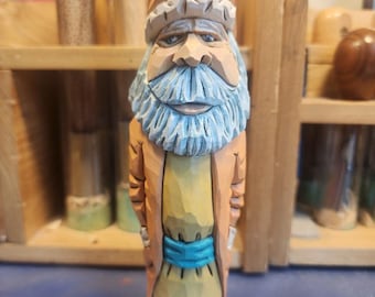 Santa in Orange Hat and Coat woodcarving carved and painted by MADellinger Woodcarving # 1203