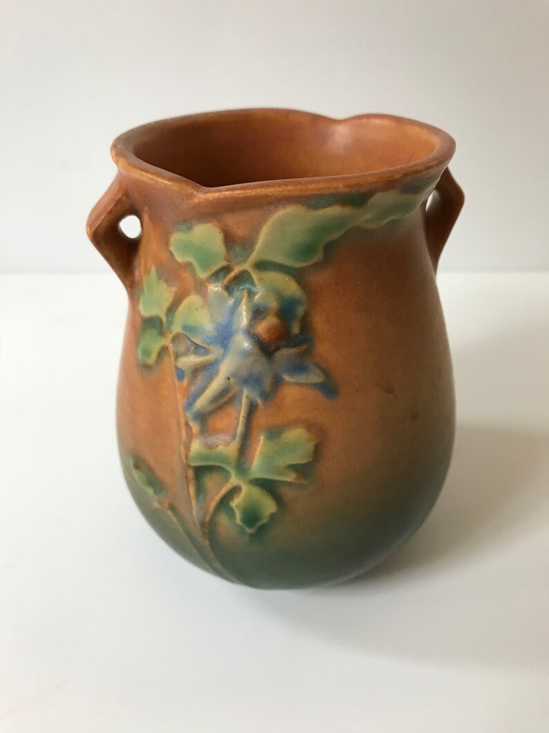 Roseville Brown Vase with Blue Flowers and Green Leaves. 1940s Etsy