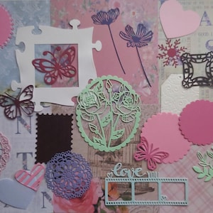 Ensemble complet pour projets de scrapbooking et autres. Journal, cartes de souhaits, agenda. 6 Papier artistique et 30 découpes assorties