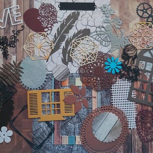 Ensemble complet pour projets de scrapbooking et autres. Journal, cartes de souhaits, agenda. 6 Papier artistique et 35 découpes assorties