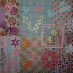 Ensemble complet pour projets de scrapbooking et autres. Journal, cartes de souhaits, agenda. 6 Papier artistique et 30 découpes assorties