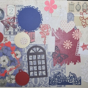 Ensemble complet pour projets de scrapbooking et autres. Journal, cartes de souhaits, agenda. 6 Papier artistique et 30 découpes assorties