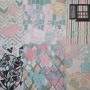 Ensemble complet pour projets de scrapbooking et autres. Journal, cartes de souhaits, agenda. 6 Papier artistique et 30 découpes assorties