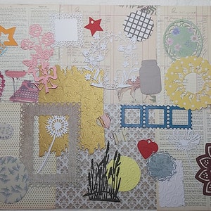 Ensemble complet pour projets de scrapbooking et autres. Journal, cartes de souhaits, agenda. 6 Papier artistique et 30 découpes assorties