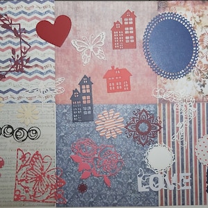 Ensemble complet pour projets de scrapbooking et autres. Journal, cartes de souhaits, agenda. 6 Papier artistique et 24 découpes assorties