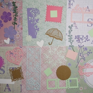 Ensemble pour projets de scrapbooking et autres. Journal, cartes de souhaits, agenda. 6 Papier artistique et plus 30 découpes assorties