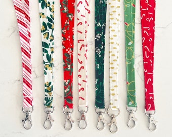 Christmas Print Fabric Lanyards- Teacher Lanyard- Candy Cane Lanyard- Snowman Lanyard- Snowman Lanyard- Christmas Lanyard- Winter lanyard