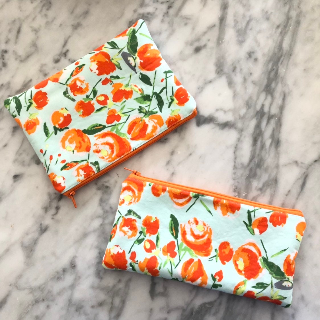 Wild Bloom Floral Pencil Zipper Pouch- Orange and Mint Floral Zipper ...