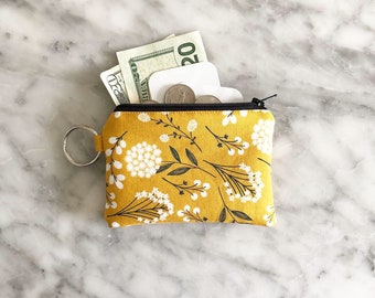 Dandelion Mustard Yellow Coin Purse- Zipper Pouch- coin pouch- Zipper Pouch- chapstick holder- Floral wristlet