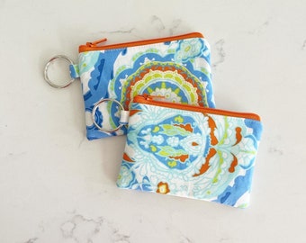 Blue Medallion Coin Purse- Zipper Pouch- coin pouch- Zipper Pouch- chapstick holder- Floral wristlet