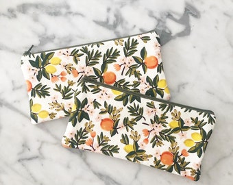 Natural Citrus Floral Zipper Pouch- Pencil- Rifle Paper Co Zipper Pouch- Make up Bag- Zipper Pouch- Pencil Case- Floral pencil case
