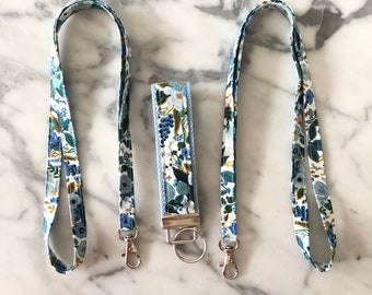 Rifle Paper Co Floral Petite Blue Garden Party  floral Lanyard- Floral Lanyard- Teacher lanyard