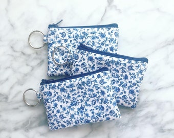 Blue and White Floral Coin Purse- Zipper Pouch- coin pouch- Zipper Pouch- chapstick holder- Floral wristlet