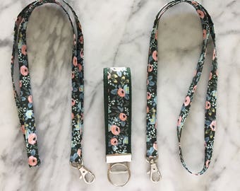 Rifle Paper Co Floral Hunter Green Lanyard- Floral Lanyard- Teacher lanyard