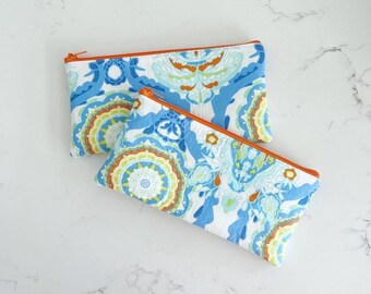 READY TO SHIP- Blue Medallion Floral Pencil Zipper Pouch- Blue Pattern Zipper bag- Make up Bag- Zipper Pouch- Pencil Case- Fabric Pouch