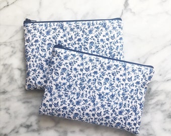 Blue and White Floral Zipper Pouch- Standard- Floral Zipper Pouch- Make up Bag- Zipper Pouch- Pencil Case- Floral pencil case