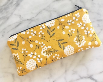 Mustard Yellow Dandelion Floral Pencil Zipper Pouch- Zipper bag- Make up Bag- Zipper Pouch- Pencil Case- Floral pencil case