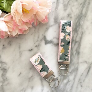 Sage green and pink Floral Key Fob- Designer fabric key fob- Floral key fob- Fabric Key fob